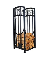 Sunnydaze Decor Small Firewood Rack with 4-Piece Fireplace Tool Set - Includes Firewood Holder, Log Grabber, Brush, Shovel, and Poker - Black