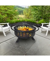 Sunnydaze Decor Arrow Motif 36-Inch Round Wood-Burning Fire Pit for Outside - Includes Spark Screen, Built-In Grate, and Cover - Black