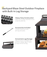 Sunnydaze Decor Backyard Blaze 35-Inch H Heavy-Duty Steel Outdoor Fireplace with Built-In Log Storage - Includes Protective Cover - Brushed Bronze