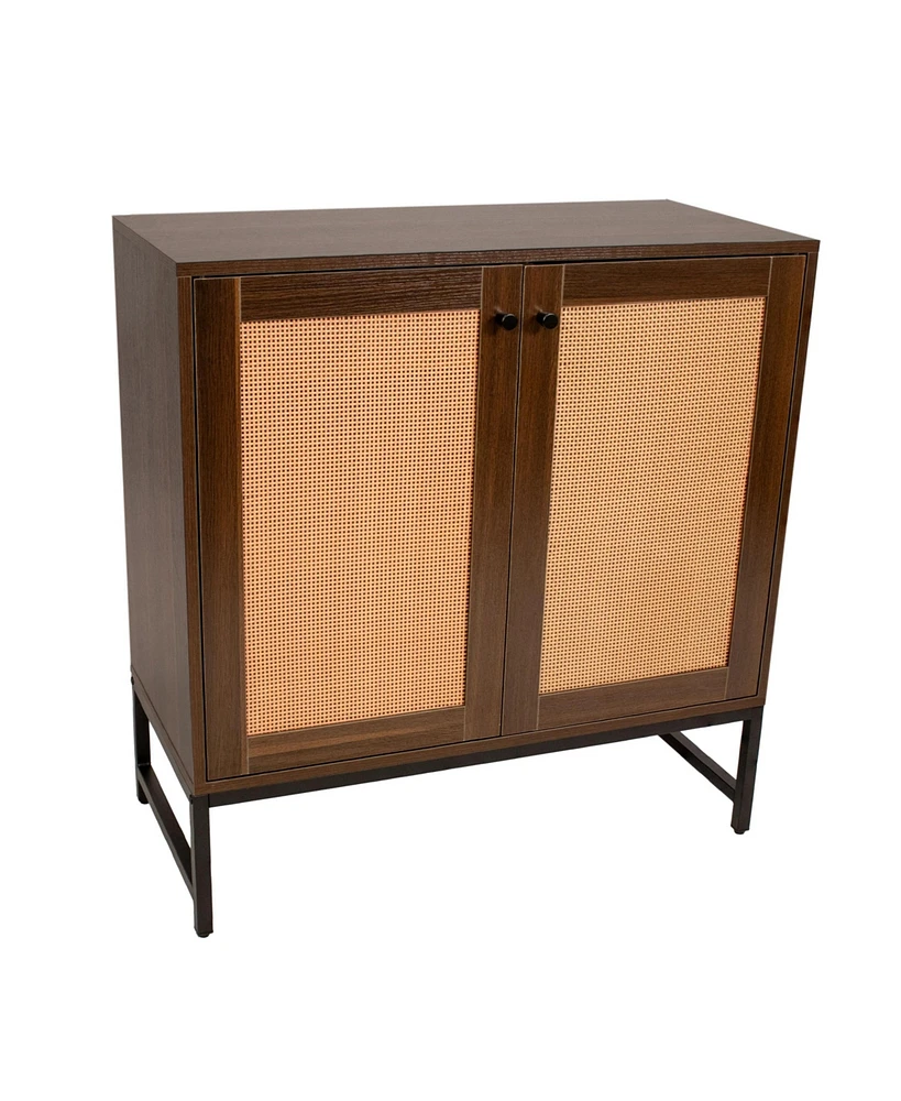 2-Door Rattan Storage Cabinet - Sideboard Buffet with Adjustable Shelf and Doors Light Oak Wood Look