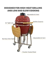 18" Kamado Charcoal Grill with Smoker Combo - Outdoor Ceramic Bbq Grill with Side Tables and Wheels - Black