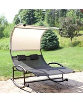 Sunnydaze Decor Outdoor Double Chaise Rocking Lounge Chair with Canopy and Headrest Pillows - Black and White with Powder-Coated Frame