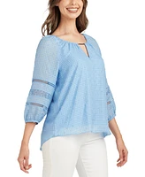 Bcx Juniors' Swiss-Dot 3/4-Sleeve Crocheted-Trim Top