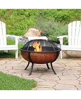 Sunnydaze Decor 32-Inch Steel Fire Pit Bowl - Includes Spark Screen, Wood Grate, and Poker - High-Temperature Copper Finish