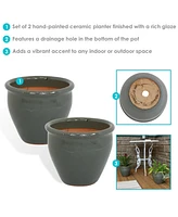 Round Ceramic Planter - Set of 2 Indoor or Outdoor Plant Pots with Drainage Hole 9" Imperial Blue Glaze Chalet