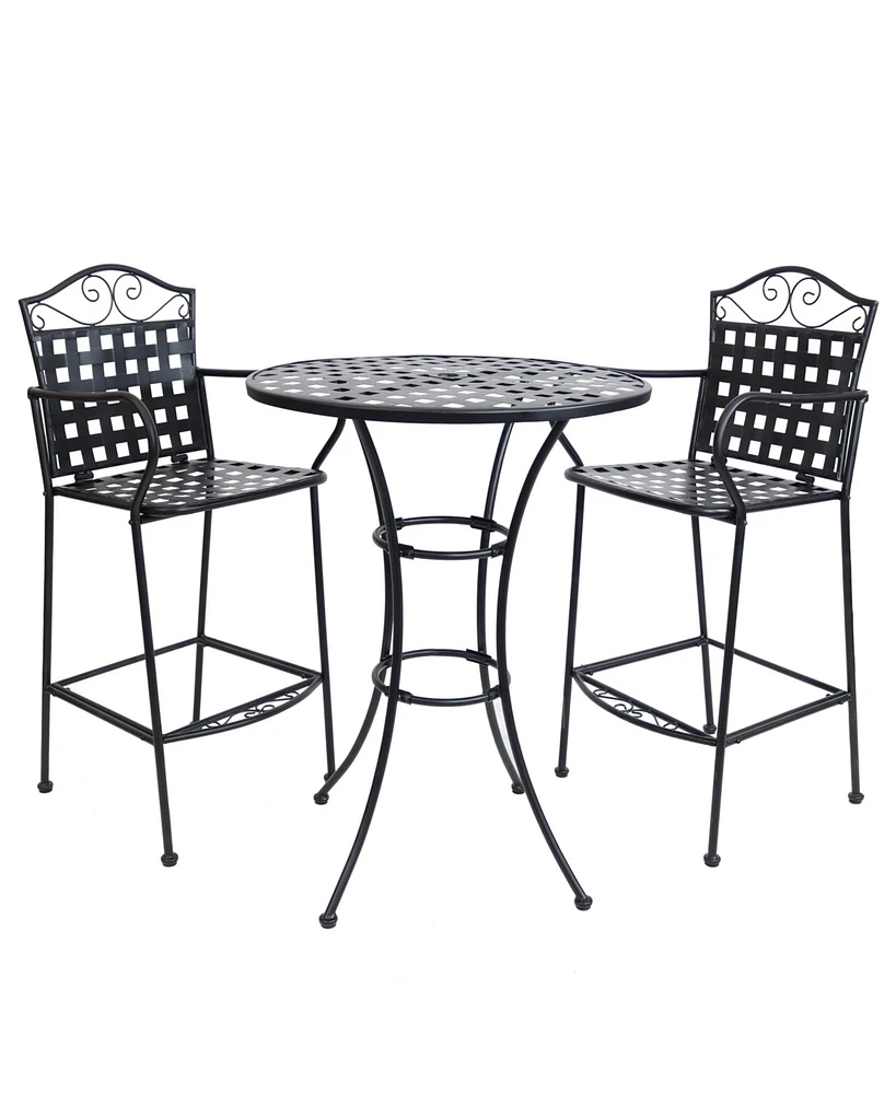 Sunnydaze Decor 3-Piece Outdoor Wrought Iron Bar Chair and Table Set with Scrolling Design - 1 Table and 2 Chairs - Black