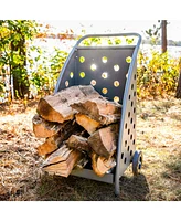Firewood Log Cart with Wheels - Indoor or Outdoor Firewood Rack - Gray Powder-Coated Steel - 110 lb Capacity - 34" H