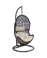 Sunnydaze Decor Cordelia Hanging Egg Chair with Steel Stand Set - Resin Wicker Porch Swing Includes Gray Cushion and Headrest