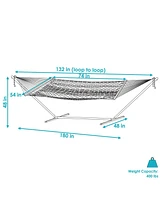 Sunnydaze Decor Double Polyester Rope Hammock with Stand and Pillow with 15 Foot Steel Stand - 400-Pound Capacity - White