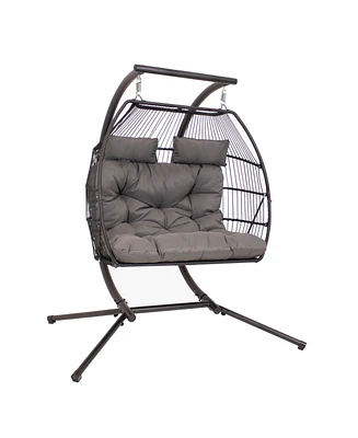 Andrei Double Hanging Egg Chair with Stand - 2-Person Outdoor Egg Chair - Includes Steel Stand and Cushion - Dark Gray