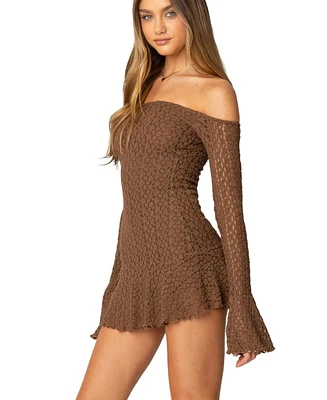 Edikted Womens Mya Off Shoulder Textured Mini Dress