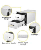 gaomon Outdoor Kitchen Drawers, Stainless Steel Flush Mount Double Bbq Storage Drawers, 14W x 23D x 15H Inches Built-in Access Drawers with Venting Pa