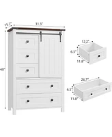 gaomon 5 Drawer Dresser, Farmhouse Wooden Chest of Drawers with Sliding Barn Door, Adjustable Shelf, Tall Antique Dresser, Storge Cabinet for Bedroom
