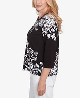 Alfred Dunner Women's Classic Asymmetric Floral Monotone Crewneck Top