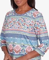 Alfred Dunner Women's Classic Knit Scroll Geometric Crewneck Top