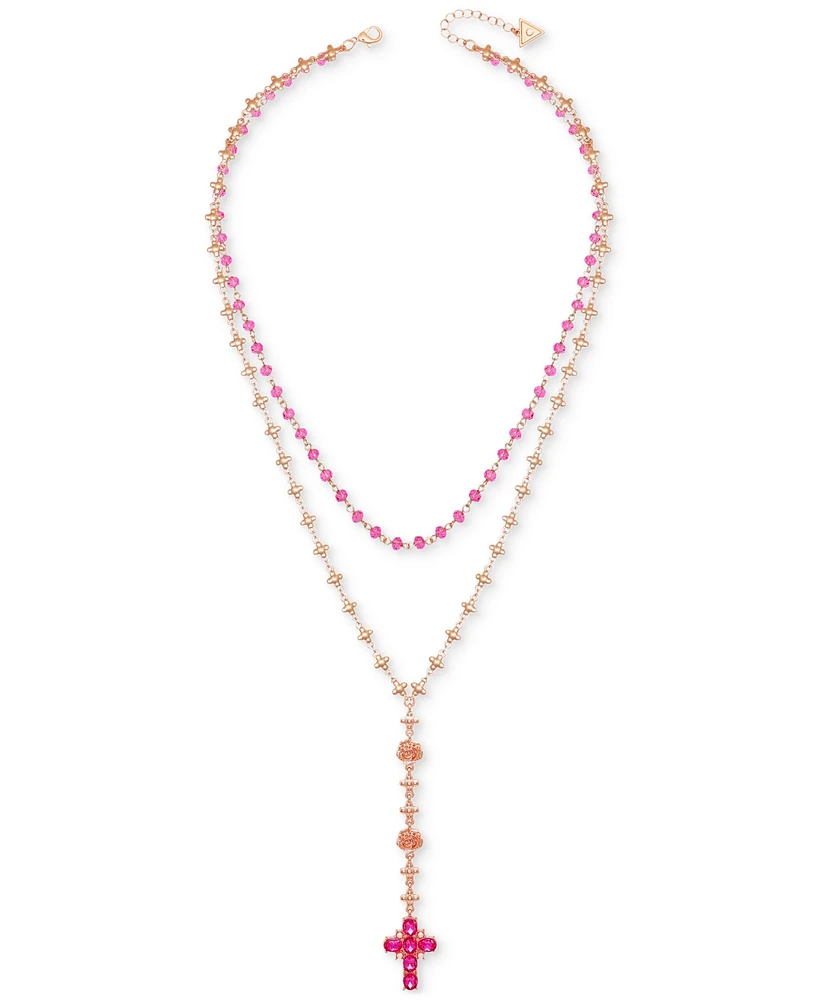 Guess Color Stone & Imitation Pearl Cross Layered Lariat Necklace, 24" + 2" extender