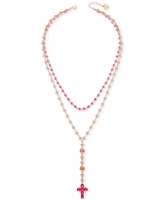 Guess Color Stone & Imitation Pearl Cross Layered Lariat Necklace, 24" + 2" extender