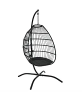 Sunnydaze Decor Delaney Black Resin Wicker Hanging Egg Chair with Powder-Coated Steel Stand - Gray Polyester Cushions - 81 Inches H