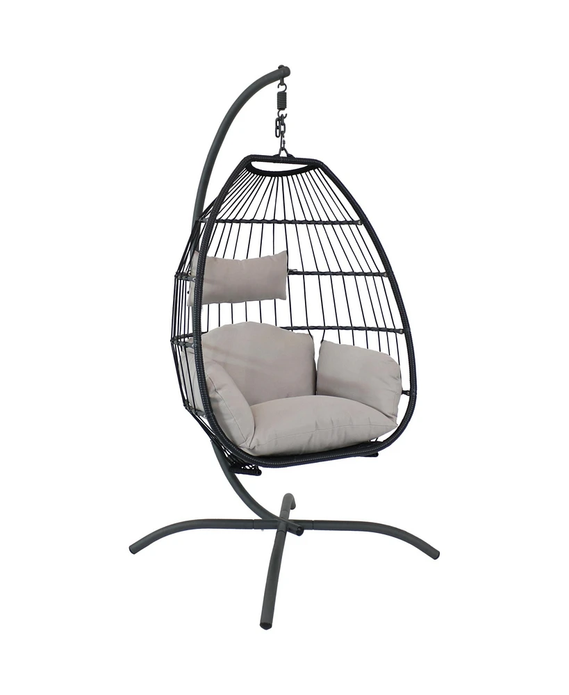 Sunnydaze Decor Oliver Resin Wicker Hanging Egg Chair with Gray Cushions and Steel Stand - 265-Pound Weight Capacity - 76 Inches H