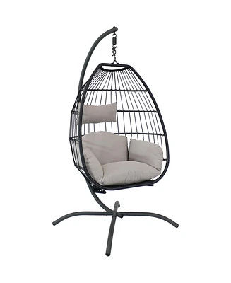 Sunnydaze Decor Oliver Resin Wicker Hanging Egg Chair with Gray Cushions and Steel Stand - 265-Pound Weight Capacity - 76 Inches H