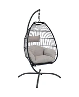 Sunnydaze Decor Oliver Resin Wicker Hanging Egg Chair with Gray Cushions and Steel Stand - 265-Pound Weight Capacity - 76 Inches H