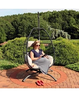 Oliver Resin Wicker Hanging Egg Chair with Gray Cushions and Steel Stand - 265-Pound Weight Capacity - 76 Inches H