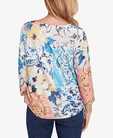 Alfred Dunner Petite Classics Floral Patch Drawstring Top