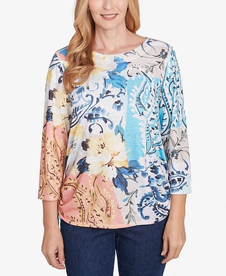 Alfred Dunner Petite Classics Floral Patch Drawstring Top