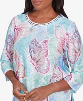 Alfred Dunner Petite Classics Butterfly Crewneck Three Quarter Sleeves Top