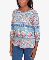 Alfred Dunner Petite Classics Knit Scroll Geometric Crewneck Top