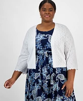 Robbie Bee Plus Pointelle Knit 3/4-Sleeve Open-Front Shrug