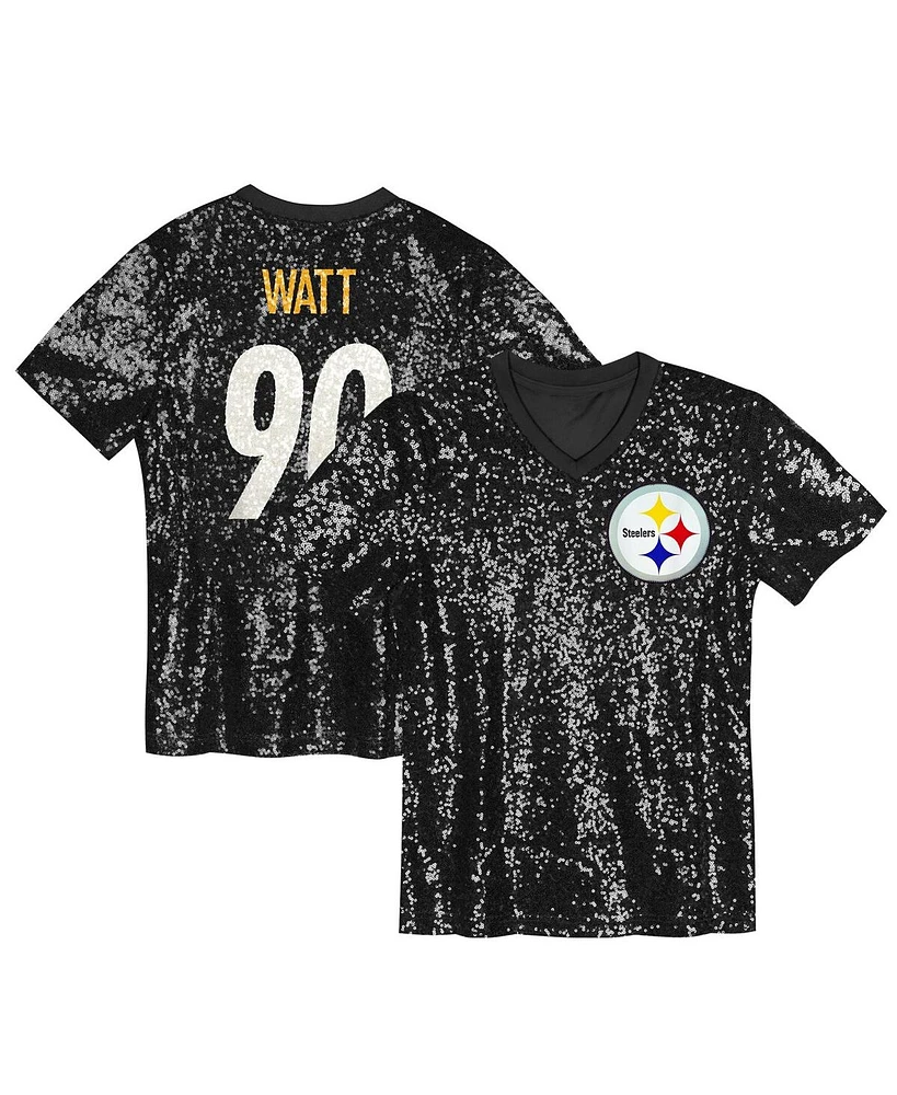 Outerstuff Big Girls T.j. Watt Black Pittsburgh Steelers Sequin V-Neck Fashion Jersey
