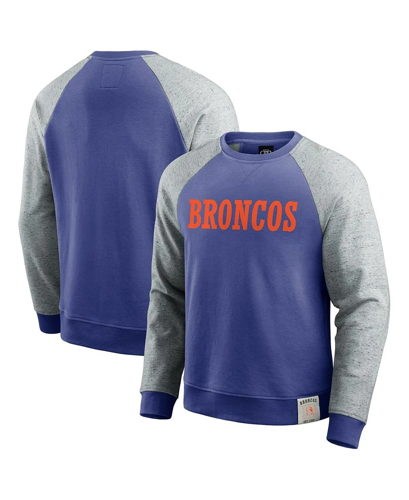 Fanatics Men's Royal, Heather Gray Denver Broncos Throwback Color Block Raglan Pullover Sweatshirt