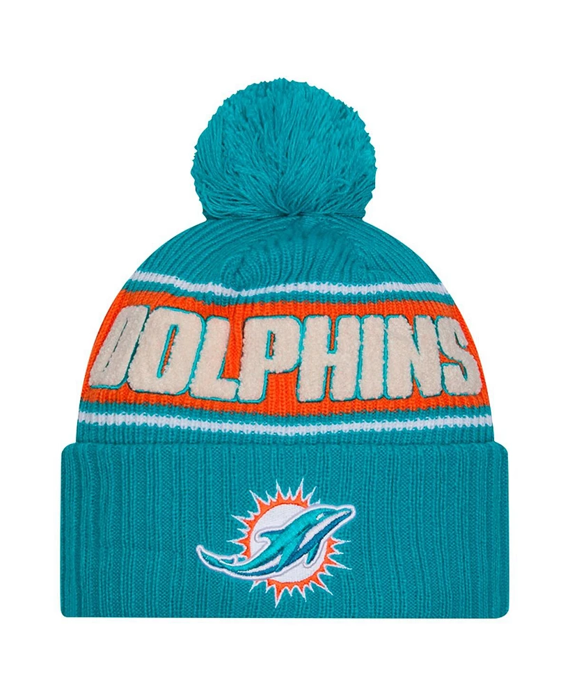 New Era Men's Aqua Miami Dolphins 2024 Sideline Cuffed Knit Hat with Pom