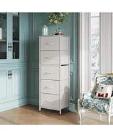 Wlive Fabric Dresser 5-Drawer Tall for Bedroom Storage Organizer with Bins Wood Top Sturdy Steel Frame Chest of Drawers Clo