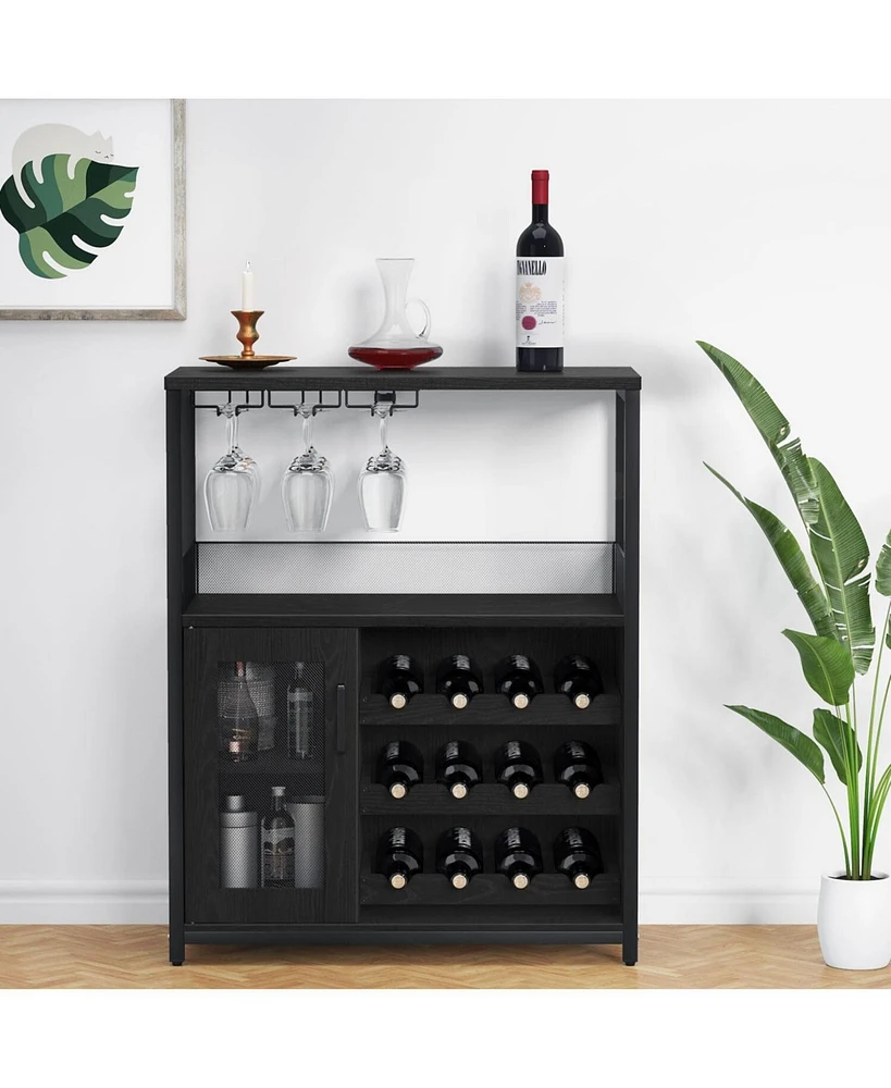 gaomon Wine Bar Cabinet with Detachable Wine Rack, Bar Rack Cabinet with Glass Holder and 1 Drawer, Mesh Door