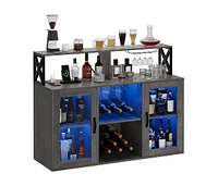 gaomon Farmhouse Wine Bar Cabinet with Led Light,Tempered Glass Doors, Power Outlet,Wine and Goblet Holder,Liquor Storage Cabinet for Dining Room, Liv