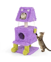 Gymax Cat Tree Cute Monster-Themed Cat Tower w/ 2 Private Condos & Soft Long Plush