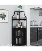 gaomon Corner Wine Bar Rack Cabinet with Detachable Wine Rack, Home Bar Cabinet with Barn Door and Adjustable Shelf