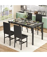 Sugift 5 Piece Modern Dining Table Set with Faux Marble Tabletop and 4 Pu Leather Upholstered Chairs