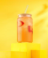 JoyJolt Fluted Glass Tumblers with Bamboo Lids and Straws, Set of 4