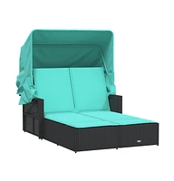 vidaXL Double Sun Lounger with Canopy and Cushions Poly Rattan