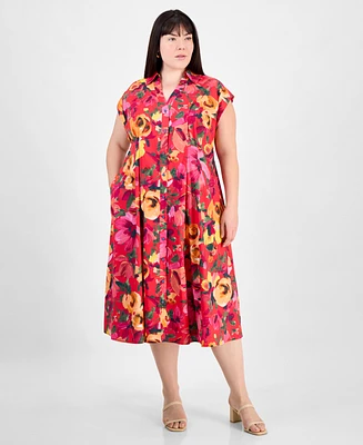 julia jordan Plus Floral-Print Button-Down Shirtdress