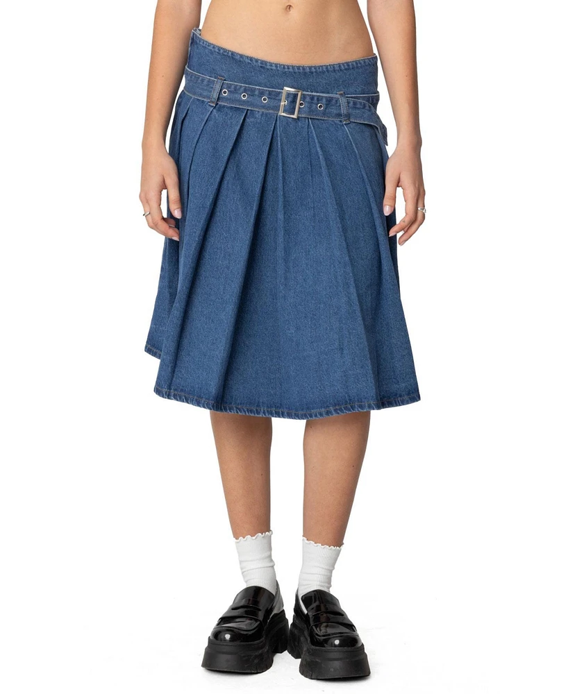 Edikted Women's Belted Pleated Denim Midi Skirt