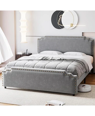 gaomon Queen Size Bed Frame with Headboard, Velvet Upholstered Platform Bed with Rivet Decor, Heavy Duty, No Box Spring Needed, Easy Assembly