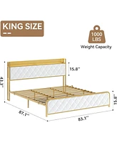 gaomon King Bed Frame with Velvet Storage Headboard, Heavy Duty Steel Slats Support Metal Platform Bed Frame w/Charging Station & Led