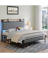 gaomon Queen Size Bed Frame with Led Light and Charging Station, Upholstered Platform Bed with Storage Headboard, Metal Slat, Noise Free, Easy Assembl