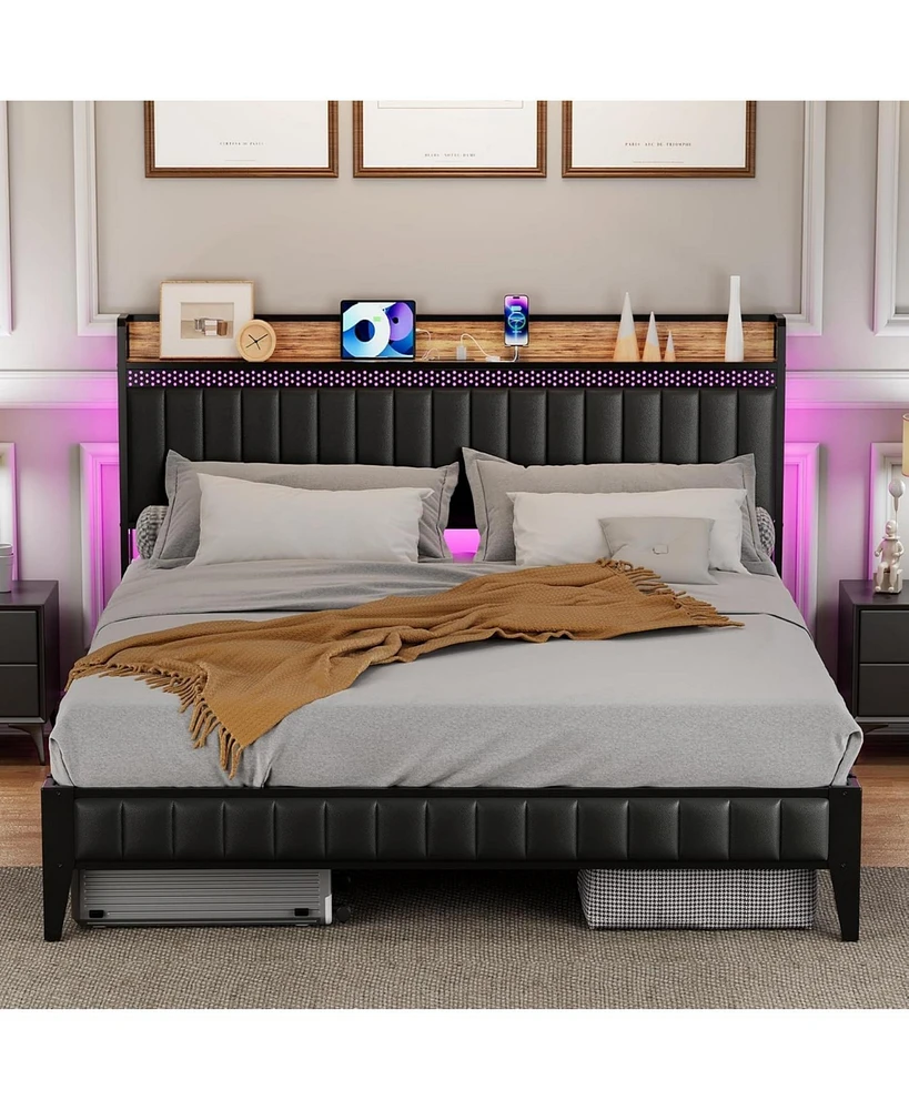 gaomon Bed Frame with Led Light and Charging Station, Upholstered Platform Bed with Storage Headboard, Metal Slat, Noise Free