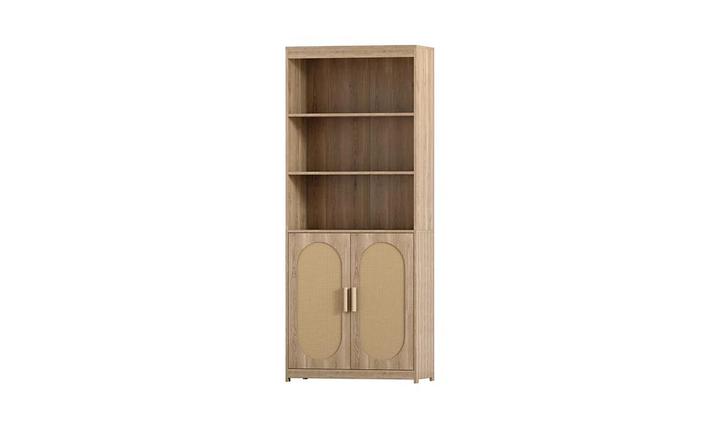 Slickblue 5-Tier Tall Book Shelf with Doors and Wood Shelves for Organized Storage and Display