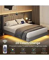 gaomon King Size Floating Bed Frame with Led Lights, Upholstered Platform Bed Frame with Charging Station & Storage Headboard, No Box Spring Needed